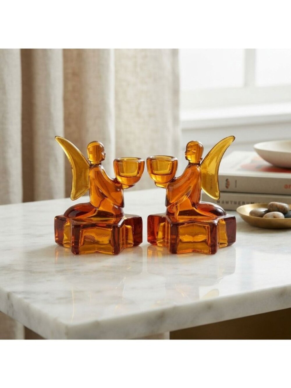 Vintage LE Smith Amber Glass Kneeling Angel Candle Holders Star Base Pair MCM